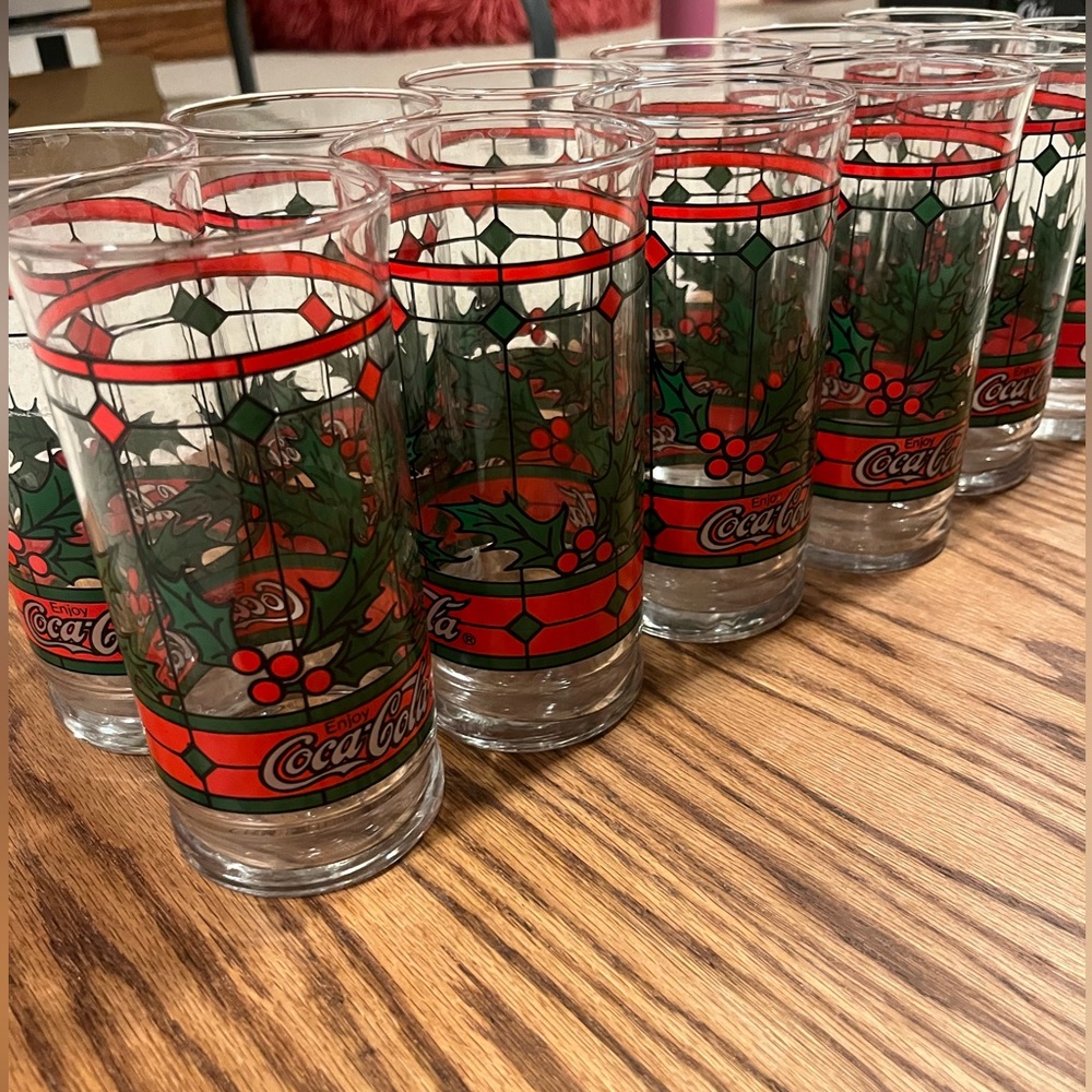 COPY - 12 Vintage Coca-Cola Christmas Holly Berry Stained Glass Libbey Drinking…